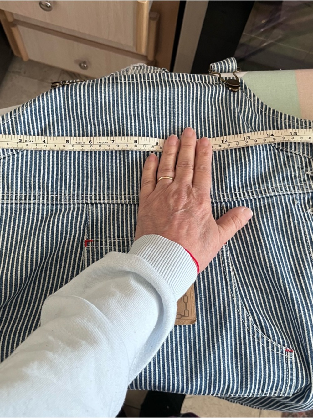 Vintage 90s MANGO Railroad Stripe Denim Pinafore Dress - Made in Canada - Size 7 - Picture 12 of 13